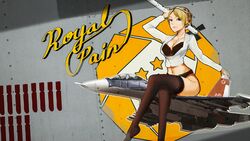  ace_combat ace_combat_7 black_bra black_legwear black_panties blonde_hair blue_eyes bra braid breasts cleavage commentary crossed_legs crown_braid english_text feet_out_of_frame female highres holding holding_weapon jacket kowaremashita legs long_sleeves no_pants nose_art panties protected_link rosa_cossette_d&#039;elise sitting star_(symbol) su-30 thighhighs thighs underwear weapon white_jacket 