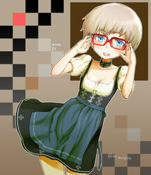  :d adjusting_eyewear bespectacled blue_eyes blush breasts character_name choker cleavage collarbone commentary_request cowboy_shot cross dirndl dress female german_clothes glasses grey_hair highres iron_cross kantai_collection open_mouth outline photoshop_(medium) red-framed_eyewear short_hair short_sleeves small_breasts smile solo square_neckline takechi_akinobu twitter_username z1_leberecht_maass_(kancolle) z1_leberecht_maass_(oktoberfest_mode)_(kancolle) 