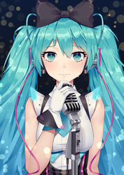  absurdres black_bow blue_eyes blue_hair bow breasts commentary_request crying crying_with_eyes_open female gloves hair_between_eyes hairbow hatsune_miku highres holding holding_microphone lens_flare long_hair magical_mirai_(vocaloid) magical_mirai_miku magical_mirai_miku_(2016) medium_breasts microphone microphone_stand shure_55sh sleeveless smile solo suspenders tears twintails upper_body very_long_hair vocaloid white_gloves xian_yu_zhanshi 