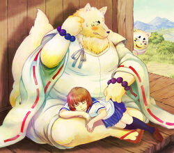  2012 anthro blush canid canine clothing duo female fox fur gingitsune gintaro haru_(gingitsune) hi_res human humanoid_hands lako male mammal outside overweight overweight_male robe sitting white_body white_fur 