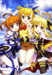  3girls :d absurdres ahoge airborne arm_up armor armored_boots asymmetrical_hair belt black_dress black_gloves black_ribbon black_thighhighs blonde_hair blue_ribbon blue_sky blush boots bow bowtie breasts brooch brown_belt brown_footwear brown_hair brown_skirt cape cloud cloudy_sky day dress eyes_visible_through_hair family fate_testarossa fate_testarossa_(blaze_form_ii) fingerless_gloves fujima_takuya gauntlets gloves green_eyes hair_between_eyes hair_ribbon hands_on_another&#039;s_stomach heart heart_hands heart_hands_duo heterochromia highres jewelry juliet_sleeves loafers long_hair long_sleeves looking_at_viewer lyrical_nanoha magical_girl mahou_shoujo_lyrical_nanoha_reflection mahou_shoujo_lyrical_nanoha_vivid mother_and_daughter multiple_girls official_art open_mouth outdoors overskirt pink_skirt planet pleated_skirt print_dress puffy_sleeves purple_eyes red_bow red_bowtie red_cape red_eyes ribbon scan school_uniform shiny_skin shirt shoes short_dress short_hair short_twintails skindentation skirt sky small_breasts smile socks st._hilde_academy_of_magic_uniform sweater_vest takamachi_nanoha takamachi_nanoha_(fortress_mode) thighhighs time_paradox tongue twintails two_side_up vest vivio white_cape white_dress white_legwear white_ribbon white_shirt yellow_vest zettai_ryouiki 