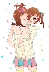  2girls :d ^_^ bare_arms bare_shoulders breast_press brown_eyes brown_hair closed_eyes commentary_request conjoined futami_ami futami_mami highres idolmaster idolmaster_(classic) meme_attire multiple_girls open-chest_sweater open_mouth ribbed_sweater shared_clothes shared_sweater short_hair siblings side_ponytail sisters skirt smile sweater symmetrical_docking thighhighs twins usayamada 