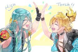  2boys black_gloves blue_hair chiyoganemaru_(touken_ranbu) commentary_request english_text fingerless_gloves gloves high_five long_hair male_focus multiple_boys orange_hair ponytail sleeveless tomatoma_(10mato_ma10) touken_ranbu trait_connection upper_body urashima_kotetsu 