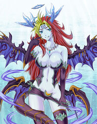  ass_visible_through_thighs bare_shoulders black_gloves black_thighhighs blonde_hair blue_eyes blue_skin breasts cleavage clothes_pull collarbone colored_skin commentary_request cowboy_shot demon_girl demon_horns demon_wings elbow_gloves facial_mark female forehead_mark gloves grin groin halo hera_(p&amp;d) highres horns jewelry large_breasts looking_at_viewer low_wings multicolored_hair multiple_wings navel pendant photoshop_(medium) pulling_own_clothes puzzle_&amp;_dragons red_hair revealing_clothes short_shorts shorts shorts_pull smile solo stomach tail thighhighs tonbidou two-tone_hair wavy_hair wings 