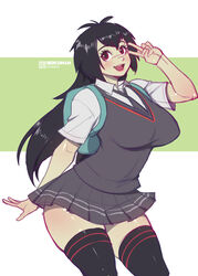  backpack bag black_hair bokuman breasts eyebrows female large_breasts long_hair looking_at_viewer marvel open_mouth peni_parker red_eyes school_uniform shirt simple_background skirt smile solo spider-man:_into_the_spider-verse spider-man_(series) thighhighs 