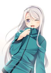  ;d blush commentary_request cosplay eromanga_sensei female green_jacket grey_hair headband highres izumi_sagiri izumi_sagiri_(cosplay) jacket kantai_collection long_hair long_sleeves look-alike looking_at_viewer name_connection one_eye_closed open_mouth photoshop_(medium) purple_eyes ribbon sagiri_(kancolle) simple_background smile solo upper_body white_background yasume_yukito 