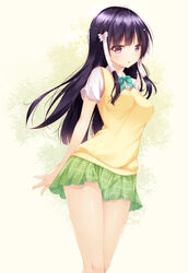  black_hair blush bow commentary_request female green_skirt highres long_hair looking_at_viewer murasame_oshizu photoshop_(medium) plaid plaid_skirt purple_eyes sainan_high_school_uniform school_uniform serafuku shokuyou_mogura simple_background skirt solo sweater_vest thighs to_love-ru 