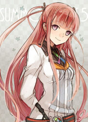  arca_(summon_night) arms_behind_back asahikawa_hiyori belt blunt_bangs breasts brown_eyes brown_hair closed_mouth commentary_request copyright_name female head_tilt long_hair long_sleeves looking_at_viewer one_side_up shirt sidelocks small_breasts smile solo summon_night summon_night_5 upper_body white_shirt wing_collar 