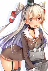  amatsukaze_(kancolle) aozora_nan brown_dress brown_eyes commentary_request dress female garter_straps gloves grey_hair hair_tubes highres kantai_collection long_hair red_thighhighs rensouhou-kun sailor_collar sailor_dress short_dress single_glove solo thighhighs two_side_up 