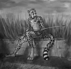  accessory anklet bow_(weapon) cheetah claws clothed clothing collar conditional_dnp digitigrade felid feline grass greyscale headband jewelry male mammal monochrome necklace object_on_lap outside paws plant quiver_(object) ranged_weapon sitting sky solo tall_grass titusw topless tribal tribal_clothing weapon weapon_on_lap 