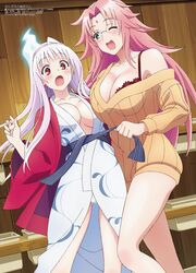  2girls :o ;d absurdres albino arahabaki_nonko arm_up ass_visible_through_thighs assisted_exposure beige_sweater blush body_blush bra bra_slip breasts cleavage collarbone embarrassed green_eyes highres indoors japanese_clothes kimono large_breasts long_hair looking_at_viewer magazine_scan megami_magazine multiple_girls no_bra off_shoulder official_art one_eye_closed open_mouth panties photoshop_(medium) pink_hair print_kimono red_bra red_kimono ribbed_sweater rimless_eyewear scan shimizu_youichi smile standing sweater tongue triangular_headpiece underwear undressing_another white_hair white_kimono white_panties wooden_wall yunohana_yuuna yuragisou_no_yuuna-san 