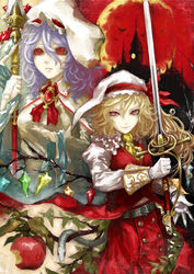  2girls apple bad_id bad_pixiv_id blonde_hair blue_hair bow brooch flandre_scarlet food fruit fujinohara_akihira hat jewelry moon multiple_girls polearm red_eyes red_moon remilia_scarlet short_hair smile snake spear sword touhou weapon wings 