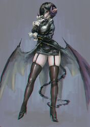  black_eyes black_hair black_jacket breasts buttons contrapposto demon_girl demon_horns demon_tail demon_wings drooling female full_body gloves grey_background hair_over_one_eye hand_on_own_chin head_tilt high_heels highres horns jacket jonpei large_breasts looking_at_viewer low_wings miniskirt original pointy_ears saliva sharp_teeth short_hair skirt solo standing tail teeth thick_thighs thighhighs thighs white_gloves wings 