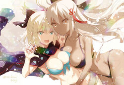  2girls asymmetrical_docking bad_id bad_pixiv_id bikini blonde_hair blue_eyes bow breast_press breasts bubble buttons cape commentary_request dark-skinned_female dark_skin fate/grand_order fate_(series) hairbow hug long_hair multiple_girls nichiru okita_souji_(fate) okita_souji_(koha-ace) okita_souji_alter_(fate) short_hair swimsuit white_hair yellow_eyes 