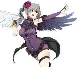  :d armpit_peek asymmetrical_wings bare_shoulders breasts commentary_request cowboy_shot elbow_gloves feathered_wings female flower gloves green_hair hair_flower hair_ornament idolmaster idolmaster_cinderella_girls kanzaki_ranko large_breasts medium_hair open_mouth outstretched_arm red_eyes red_flower red_rose rose rosenburg_engel_(idolmaster) senju_(snz0) simple_background skindentation smile solo thigh_strap twintails white_background wings 