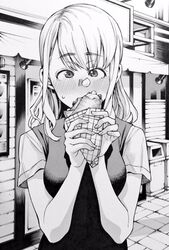  awning bad_id bad_twitter_id blush commentary_request crepe eating female food food_on_face greyscale highres medium_hair monochrome nakajima_ryou original outdoors sidewalk solo trash_can upper_body vest 