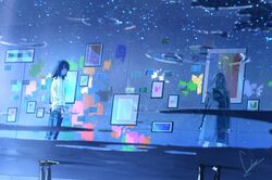  2girls black_eyes black_hair blue_theme coat commentary_request denim highres hood hooded_coat jeans long_hair looking_at_viewer loundraw multiple_girls original paint painting_(object) pants puddle reflection reflective_water short_hair signature wall 