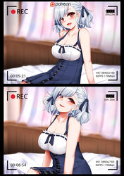  arm_support bad_id bad_pixiv_id bare_shoulders bed blush breasts collarbone curtains dress female girls&#039;_frontline highres indoors large_breasts looking_at_viewer mapar multiple_views on_bed open_mouth parted_lips photoshop_(medium) recording red_eyes ribbon-trimmed_clothes ribbon_trim short_hair sitting smile spas-12_(girls&#039;_frontline) swept_bangs white_hair 