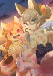  blue_eyes brown_hair canine furry japanese_clothes long_hiar open_mouth pink_eyes pink_hair shimabo 