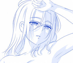  armpits blue_theme commentary darling_in_the_franxx english_commentary female freckles glasses hair_between_eyes hair_down hand_on_forehead highres ikuno_(darling_in_the_franxx) monochrome over-rim_eyewear parted_lips photoshop_(medium) semi-rimless_eyewear simple_background solo viperxtr white_background 