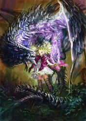  after_battle battlefield blonde_hair commentary_request dragon dress evil_smile extra_eyes female floating_hair frilled_skirt frills highres jonpei looking_at_viewer magic original pink_dress purple_eyes sharp_teeth skirt smile standing teeth thighhighs white_skirt zettai_ryouiki 