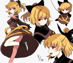  &gt;:) :d bad_id bad_twitter_id blonde_hair boots bow chibi dated dress female frilled_sleeves frills hairbow kurodani_yamame multiple_views open_mouth ponytail red_eyes sameya sash simple_background smile touhou turtleneck v-shaped_eyebrows 