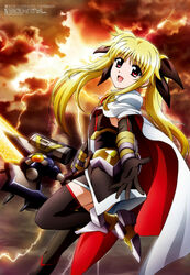  :d absurdres armor armored_boots bardiche_(blitz_saber_form)_(nanoha) bardiche_(nanoha) belt black_dress black_gloves black_ribbon black_skirt black_thighhighs blonde_hair blush boots breasts brown_belt cape cloud cloudy_sky dress elbow_gloves energy_sword eyes_visible_through_hair fate_testarossa fate_testarossa_(blaze_iii) female flying gauntlets gloves hair_ribbon high_heel_boots high_heels highres holding holding_sword holding_weapon leg_up lightning long_hair looking_at_viewer lyrical_nanoha magical_girl mahou_shoujo_lyrical_nanoha mahou_shoujo_lyrical_nanoha_detonation morimoto_yufuki official_art open_mouth outstretched_arm overskirt photoshop_(medium) print_dress red_cape red_eyes ribbon scan short_dress skirt sky sleeveless sleeveless_dress small_breasts smile solo sunlight sword thighhighs twintails weapon white_cape zettai_ryouiki 