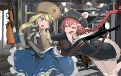  2girls animal_hat blonde_hair blue_eyes blue_skirt blush bow braid brown_gloves capelet clothes_writing commentary_request cyrillic drum_magazine eyelashes freckles fur-trimmed_capelet fur_hat fur_trim girls&#039;_frontline gloves gun gun_sling hair_between_eyes hair_bobbles hair_ornament hairclip hat holding holding_gun holding_weapon indoors jacket kesomaru long_hair long_sleeves low_twintails magazine_(weapon) military military_uniform miniskirt multiple_girls oerba_yun_fang open_mouth pink_eyes pink_hair pps-43 pps-43_(girls&#039;_frontline) ppsh-41 ppsh-41_(girls&#039;_frontline) red_star russian_text sailor_hat shirt short_eyebrows single_braid skirt star_(symbol) striped_clothes striped_shirt submachine_gun telnyashka thighhighs translated twintails uniform ushanka very_long_hair weapon white_gloves white_legwear 