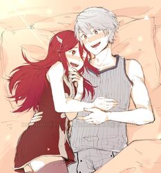  1boy ^_^ bed couple female fire_emblem fire_emblem:_kakusei heart long_hair lovers lowres my_unit my_unit_(fire_emblem:_kakusei) namiine pillow red_eyes red_hair silver_hair simple_background smile tiamo very_long_hair watermark white_hair 