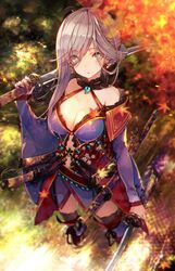  asymmetrical_hair blue_eyes blue_kimono breasts chobi_(sakuyasakuhana) cleavage clothing_cutout commentary detached_sleeves dual_wielding earrings fate/grand_order fate_(series) female hair_ornament highres holding holding_sword holding_weapon japanese_clothes jewelry katana kimono miyamoto_musashi_(fate) miyamoto_musashi_(third_ascension)_(fate) navel_cutout obi pink_hair ponytail sash sheath sheathed short_kimono sleeveless sleeveless_kimono solo sword thighhighs unsheathed weapon wide_sleeves 