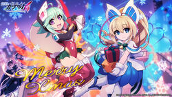  4girls alternate_costume azure_striker_gunvolt azure_striker_gunvolt_2 blonde_hair blue_eyes boots braid christmas dress gift green_hair hatakeyama_yoshitaka highres leotard logo looking_at_viewer lumen_(gunvolt) merry_christmas multiple_girls nowa_(gunvolt) official_art official_wallpaper ouka_(gunvolt) ponytail purple_eyes roro_(gunvolt) santa_costume short_hair smile snowflakes twin_braids watermark waving wings 