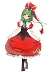  bare_arms blunt_bangs closed_mouth commentary_request crossed_legs curtsey dress female frilled_dress frilled_ribbon frills front_ponytail full_body green_eyes green_hair hair_ribbon head_tilt highres kagiyama_hina lifting_own_clothes long_hair mafuyu_hemp puffy_short_sleeves puffy_sleeves red_ribbon ribbon short_sleeves simple_background skirt_hold smile solo standing touhou watson_cross white_background 