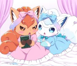  2girls alolan_vulpix bed book brown_eyes clothed_pokemon creatures_(company) furry game_freak gen_1_pokemon hair_ribbon kemoribbon kemoribon multiple_girls nintendo pokemon princess_clothes purple_eyes ribbon vulpix 