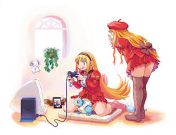  2girls :q archived_source bad_id bad_link blonde_hair controller crea_rosenqueen game_console green_eyes hairband hand_on_own_face hat holding holding_controller juliet_sleeves kururu_(little_princess) leaning_forward little_princess long_hair long_sleeves low-tied_long_hair marl_kingdom multiple_girls no_shoes official_art pink_legwear playstation_2 pleated_skirt profile puffy_sleeves red_skirt ryoji_(nomura_ryouji) sitting skirt standing television thighhighs tongue tongue_out wariza window zettai_ryouiki 