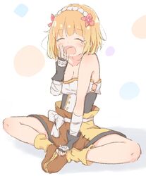  blonde_hair closed_eyes commentary endro! fai_fai female fingerless_gloves fukunaga_nagisa gloves hairband highres indian_style open_mouth short_hair shorts simple_background sitting solo strapless yawning 