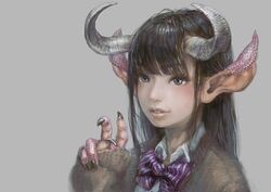  animal_ears black_eyes black_hair blunt_bangs blush claws demon_horns female grey_background horns jonpei long_sleeves looking_at_viewer medium_hair original parted_lips pink_ribbon portrait realistic ribbon scales school_uniform simple_background solo 