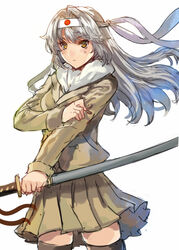  brown_thighhighs commentary_request fairy_(kancolle) female grey_hair headband humanization japan kantai_collection katana long_hair pleated_skirt ran&#039;ou_(tamago_no_kimi) ryuusei_(kancolle) scarf simple_background skirt solo sword thighhighs weapon white_background yellow_eyes zettai_ryouiki 