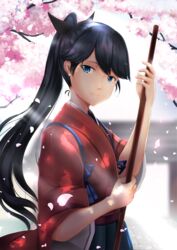  absurdres black_hair blue_eyes broom cherry_blossoms chiyo_goya commentary english_commentary female hakama hakama_skirt highres houshou_(kancolle) japanese_clothes kantai_collection light_smile long_hair skirt solo tasuki 