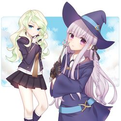  2girls blonde_hair blue_eyes braid chinese_commentary commentary_request cosplay costume_switch danganronpa_(series) diana_cavendish diana_cavendish_(cosplay) gloves hair_ribbon hat highres hikasa_youko jacket kaoruru_(sakuno2911) kirigiri_kyoko kirigiri_kyoko_(cosplay) light_green_hair little_witch_academia long_hair looking_at_viewer multicolored_hair multiple_girls necktie purple_eyes purple_hair ribbon school_uniform side_braid single_braid skirt two-tone_hair voice_actor_connection wand witch witch_hat 