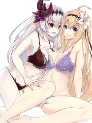  218 2girls ahoge bare_shoulders blonde_hair blue_eyes bra breasts commentary_request dark_jeanne dual_persona feather_hair_ornament feathers flower granblue_fantasy groin hair_flower hair_ornament jeanne_d&#039;arc_(granblue_fantasy) large_breasts lingerie looking_at_viewer multiple_girls navel open_mouth pale_skin red_eyes simple_background smile underwear underwear_only white_background white_hair 