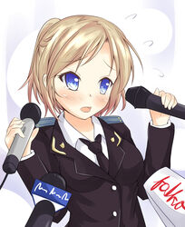  blonde_hair blue_eyes blush breasts commentary epaulettes female folded_ponytail folko medium_breasts microphone military military_uniform natalia_poklonskaya necktie open_mouth photoshop_(medium) real_life sexually_suggestive short_hair simple_background solo tears uniform upper_body 