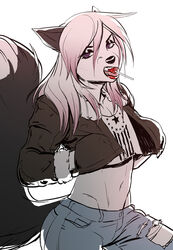  akukun ambiguous_gender anthro candy canid canine clothed clothing dessert fangs femboy food fox hair half-closed_eyes hi_res lollipop looking_at_viewer mammal midriff narrowed_eyes navel open_mouth piranhapettingzoo simple_background solo teeth tongue tongue_out white_background white_hair wide_hips 