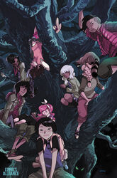  1boy 6+girls backpack black_hair blazer blonde_hair book braid brown_hair capri_pants crossover dark_skin dc_comics dip-dyed_hair gotham_academy gradient_hair hairband hairbow in_tree jacket jacket_around_waist layered_clothes long_sleeves lumber_janes maps_mizoguchi multi-colored_hair multiple_girls night olive_silverlock orange_hair pomeline_fritch puffy_vest raccoon reading red_shoes red_vest school_uniform short_sleeves shorts skirt two-one_hair vest white_hair 