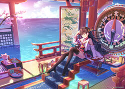  aoki_hagane_no_arpeggio architecture bare_shoulders black_hair boots brown_eyes cha_(kancolle) cherry_blossoms commentary_request compass detached_sleeves east_asian_architecture error_musume fairy_(kancolle) female hairband haruna_(kancolle) highres hiyoko_(kancolle) japanese_clothes kantai_collection kirishima_(aoki_hagane_no_arpeggio) kuro-kun_(nablack) long_hair majokko_(kancolle) midori_(kancolle) ocean open_mouth photoshop_(medium) rashinban_musume shoshinsha_mark sitting solo stuffed_animal stuffed_toy teddy_bear thigh_boots thighhighs yotarou_(aoki_hagane_no_arpeggio) 