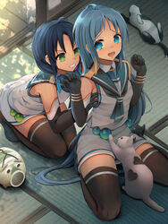  2girls animal black_thighhighs blue_eyes blue_hair commentary_request elbow_gloves feline gloves gradient_hair green_eyes hair_ribbon highres kantai_collection kayari_buta long_hair low_twintails multicolored_hair multiple_girls neckerchief onasuba open_mouth ribbon sailor_collar samidare_(kancolle) school_uniform serafuku shirt sitting skirt sleeveless sleeveless_shirt suzukaze_(kancolle) swept_bangs thighhighs twintails very_long_hair yuri zettai_ryouiki 