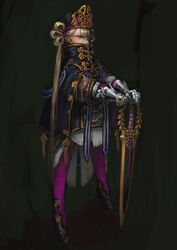  armor blonde_hair boots cape dark female full_body green_eyes hands_on_hilt hat high_collar high_heel_boots high_heels highres holding holding_sword holding_weapon jonpei long_hair looking_at_viewer metal_gloves mitre original plate_armor purple_legwear sheath sheathed solo standing sword tiara tied_hair very_long_hair weapon 