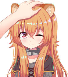  animal_ear_fluff animal_ears blush brown_hair closed_mouth collarbone commentary_request female grey_shirt hair_between_eyes headpat long_hair one_eye_closed out_of_frame raccoon_ears raccoon_girl raphtalia red_eyes ribbed_shirt satori_(ymoy) shirt simple_background solo_focus tate_no_yuusha_no_nariagari upper_body white_background 