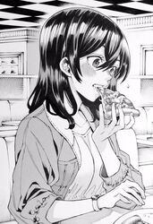  bad_id bad_twitter_id blush commentary_request eating female food greyscale highres indoors jacket medium_hair monochrome nakajima_ryou open_clothes open_jacket original pizza plate restaurant sitting solo table watch wristwatch 