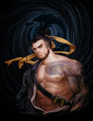  1boy bad_id bad_pixiv_id baharu bara bare_pectorals beard belt black_hair brown_eyes commentary dragon facial_hair hadanugi_dousa hair_ornament hanzo_(overwatch) highres japanese_clothes kimono long_hair looking_at_viewer male_focus muscular muscular_male open_clothes open_kimono overwatch overwatch_1 pectorals ponytail realistic solo tattoo 