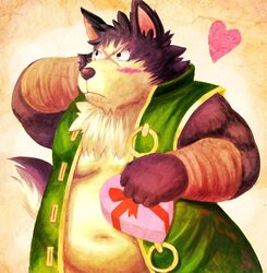  2010 anthro belly blush canid canine canis heart_symbol holidays humanoid_hands lako male mammal moobs navel overweight overweight_anthro overweight_male rouen_(shining) scar sega shining_(sega) shining_force shining_wind simple_background solo valentine&#039;s_day wolf 